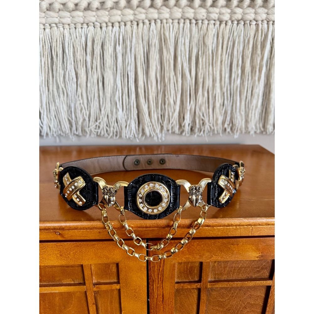Vintage Cache/Streets Ahead Black Patent Leather Gold Hardware Chain Belt Medium